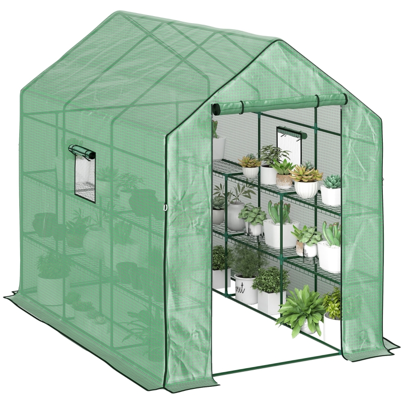 Best Walk-in Greenhouse with 3 Tier 12 Shelves, Small Greenhouse with Reinforced PE Cover, Garden Plant Growhouse with Roll-up Door and Three Mesh Windows, 140 x 213 x 190 cm, Green - Image 10