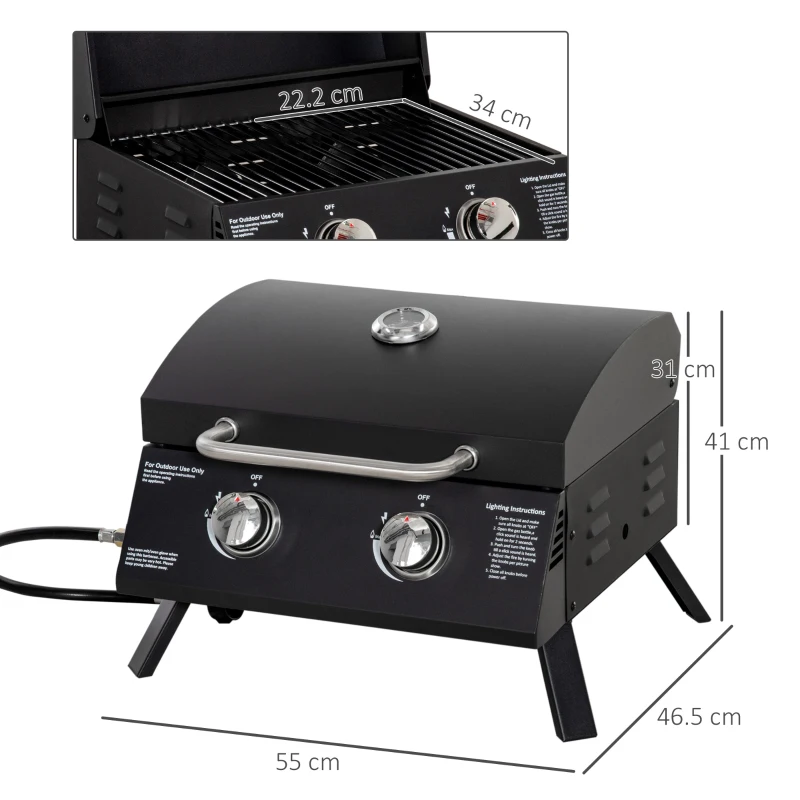 Best 2 Burner Gas BBQ Grill Outdoor Portable Folding Tabletop Barbecue w/ Lid, Thermometer, Carbon Steel, Black - Image 3