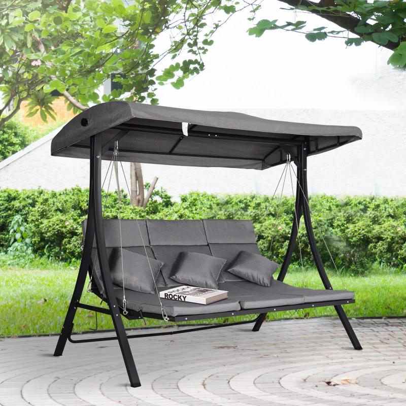 Best 3 Seater Garden Swing Seat Outdoor Swing Chairs Chaise Lounge Padded Seat Hammock Canopy Porch Patio Bench Bed Recliner Sun Lounger - Grey - Image 2