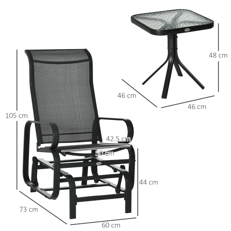 Best 3 Pieces Garden Gliding Chair Set, Metal Frame 2 Single Armchair Swing Seater and 1 Glass Top Coffee Table w/ Breath Mesh Fabric Seat, Black - Image 3
