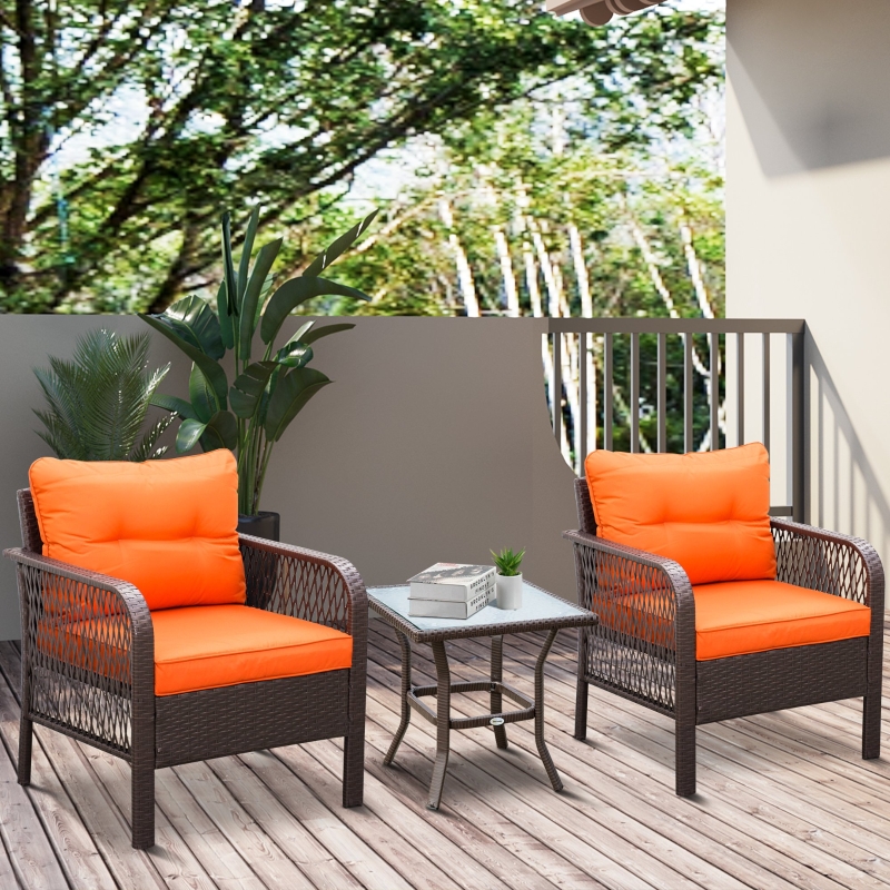 Best 3 Pieces Rattan Bistro Set with Glass Top Coffee Table, Chairs and Cushions for Outdoor, Patio, Balcony, Orange - Image 10