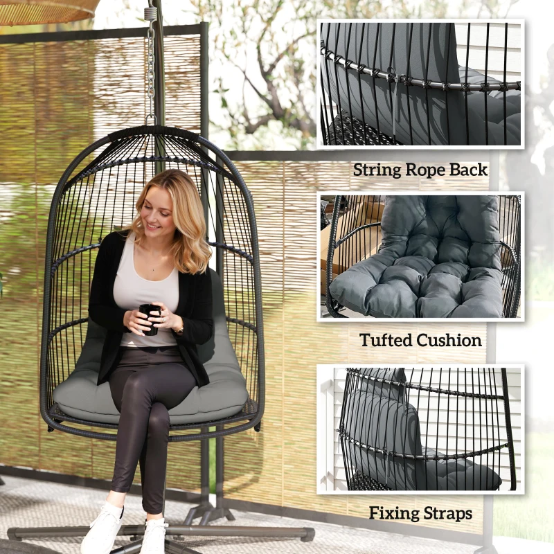 Best Hanging Egg Chair, Foldable Rattan Garden Swing Chair with Installation Kit, Thickened Cushion and Headrest, Indoor Outdoor Hanging Egg Basket Seat for Patio, Porch, Dark Grey - Image 7