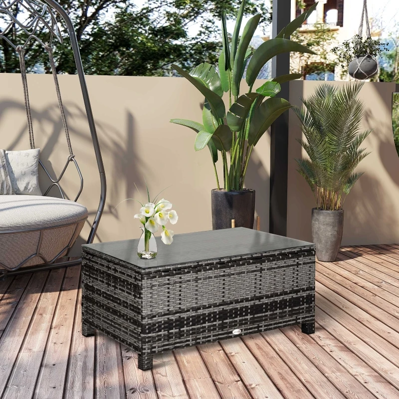 Best PE Rattan Garden Coffee Table, with Glass Table Top - Grey - Image 2