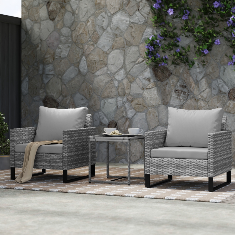 Best 3 Pieces Rattan Bistro Set with 4 Cushions, Wicker Garden Furniture Set, Glass Top Coffee Table and Chairs for Outdoor Patio, Balcony, Terrace and Conservatory, Grey - Image 10
