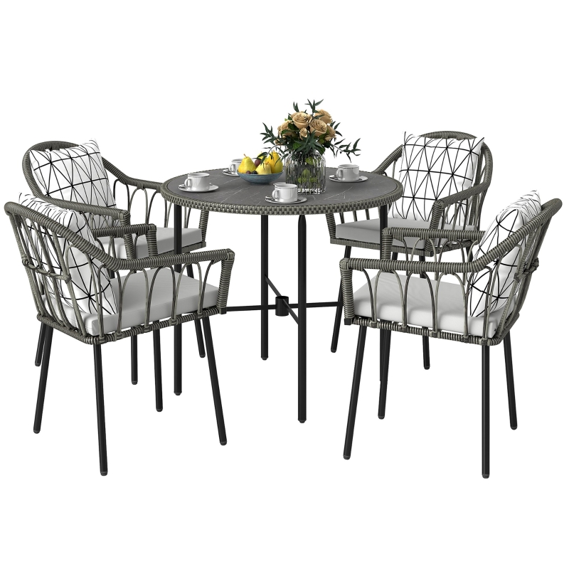 Best 5 Piece Patio Rattan Dining Set, Wicker Garden Table and Chairs w/ Removable Seat & Back Cushions, Round Tempered Glass Tabletop, Parasol Hole, Outdoor Furniture Conservatory Set, Grey - Image 11