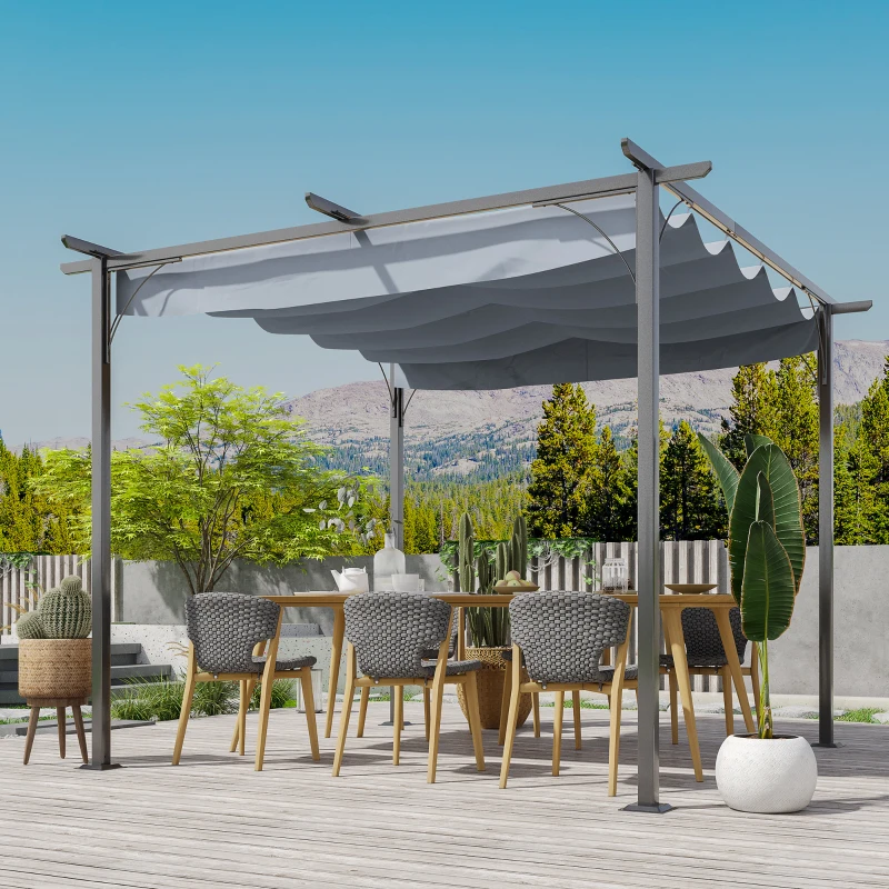 Best 3 x 3(m) Metal Pergola with Retractable Roof, Garden Gazebo Metal Pergola Canopy. Outdoor Sun Shade Shelter for Party BBQ, Grey - Image 2
