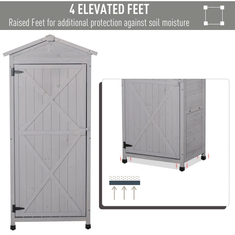 Best Wooden Garden Shed, Outdoor Storage Cabinet with 2 Shelves and Hooks, Locking Organiser Outdoor Narrow Tool House, 74x55x155cm, Grey - Image 6