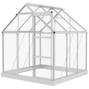 Best 6 x 6ft Walk-In Greenhouse, Polycarbonate Greenhouse with Sliding Door, Window, Aluminium Frame, Foundation, Silver