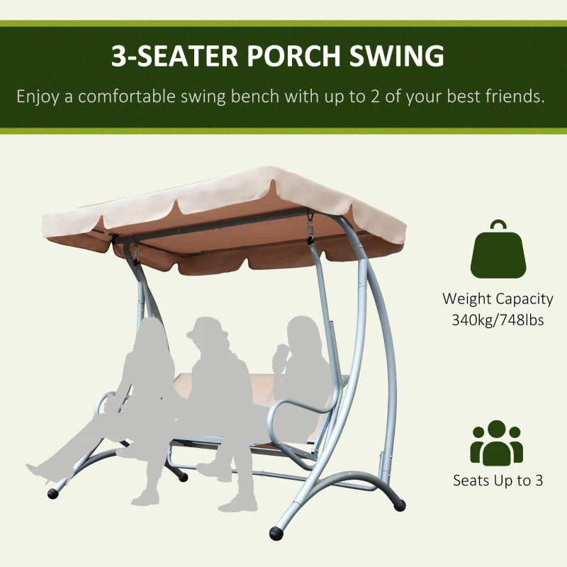 Best 3 Seater Garden Swing Seat Bench Steel Swing Chair with Adjustable Canopy for Outdoor Patio Porch - Beige - Image 7