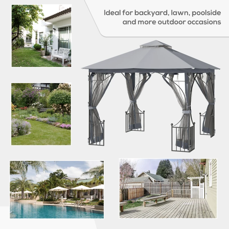 Best 3 x 3(m) Garden Gazebo Patio Party Tent Shelter Outdoor Canopy Double Tier Sun Shade Metal Frame Netting, Light Grey - Image 7