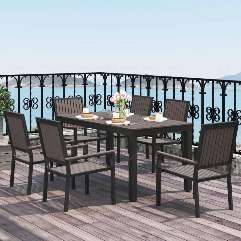 Best 6 Seater Garden Dining Set with Stackable Chairs, Aluminium Frame, Rectangular Plastic Top, Garden Furniture Set, Outdoor Dining Table and Chairs for Patio, Balcony, Poolside, Brown - Image 2