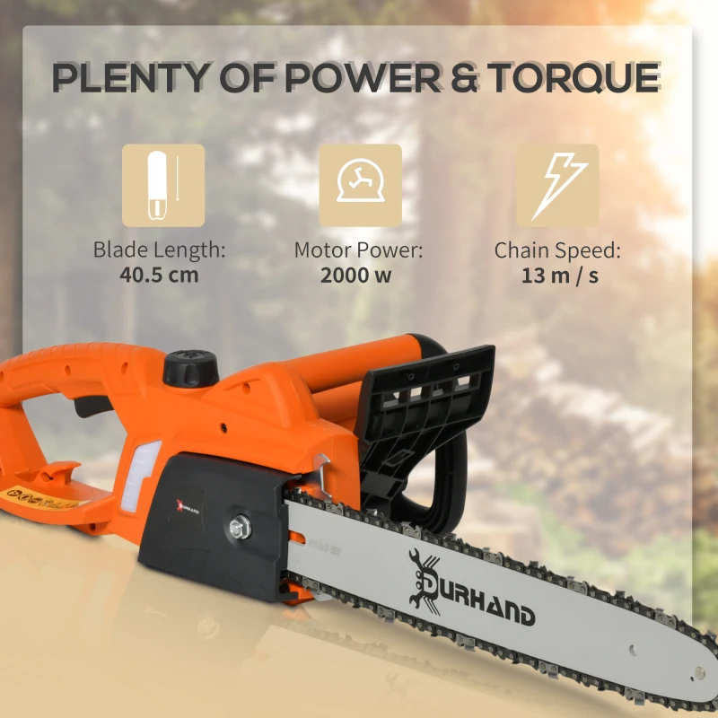 DURHAND Aluminium Electric Chainsaw with Double Brake Protection and Blade Cover, 2000 W, 40 cm, for Wood, Trees and Branches, Orange - Image 4