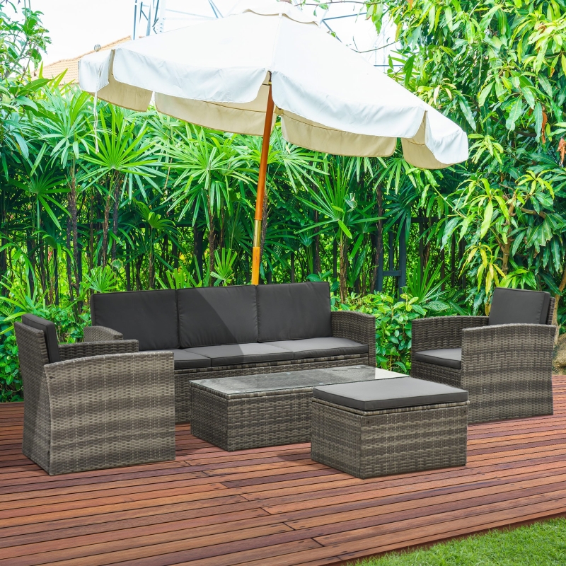 Best Rattan Garden Furniture Outdoor Patio 5 Piece Wicker Weave Sofa Set with Storage, Cushioned, 3-Seater Sofa + 2 Single Chairs + Foot Stool + Coffee Table - Image 11