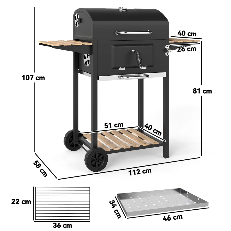 Best Charcoal BBQ Grill with Height Adjustable Charcoal Pan, Portable Barbecue Smoker with Warming Rack, 3 Shelves, Temperature Gauge, Wheels, Bottle Opener for Outdoor Cooking Garden Party - Image 3