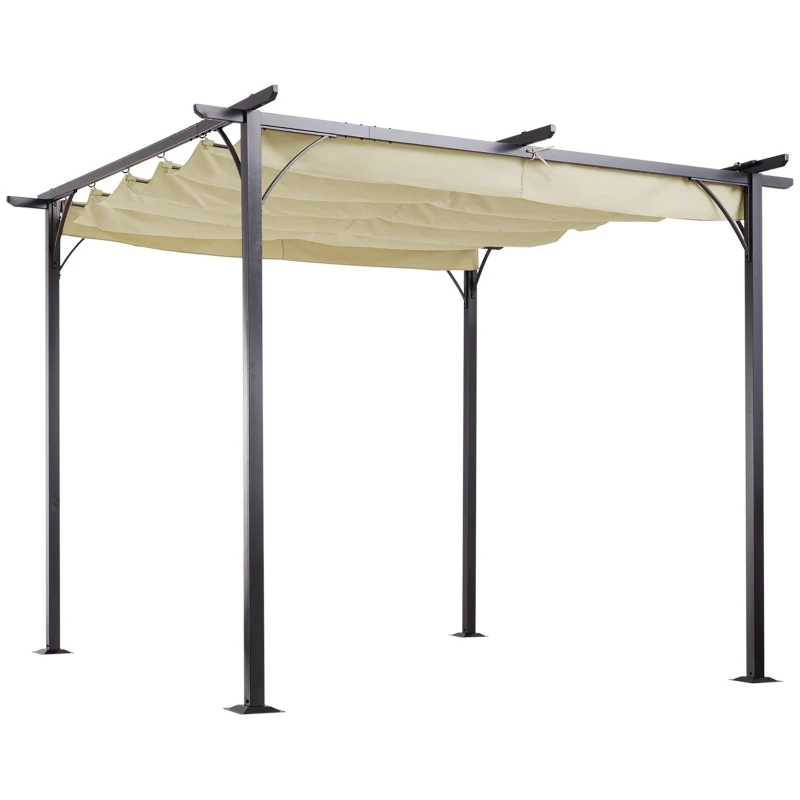 Best 3 x 3(m) Metal Pergola with Retractable Roof, Garden Gazebo Metal Pergola Canopy. Outdoor Sun Shade Shelter for Party BBQ, Beige