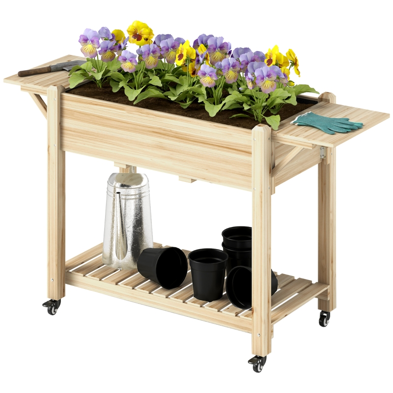 Best 46 x 94cm Wooden Raised Planter, with Shelves - Natural Finish - Image 11