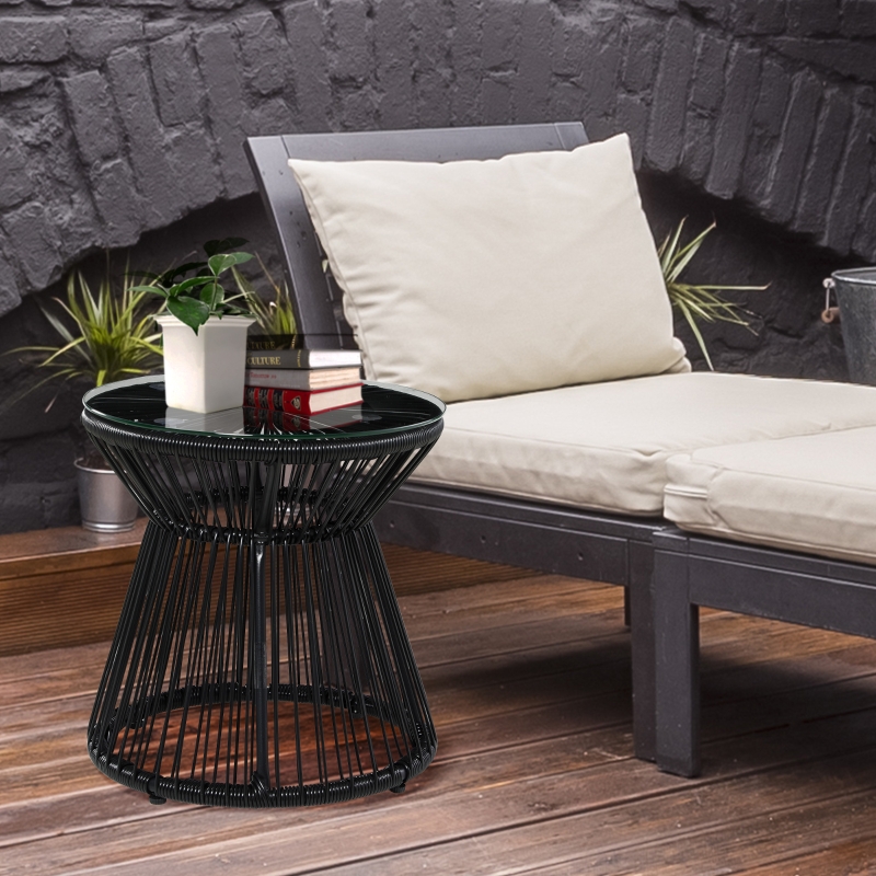 Best Round End Table, Rattan Side Table, Hollow Drum Design Coffee Table w/ Glass Tabletop for Patio, Garden, Balcony Black - Image 10