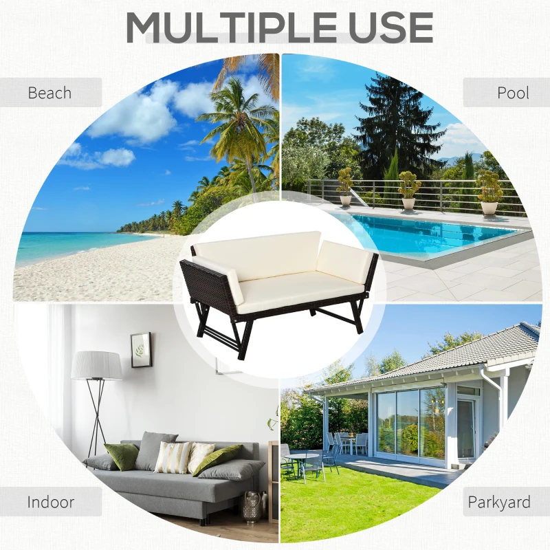 Best 2-Seater 2-in-1 Rattan Convertible Sofa Daybed Brown - Image 7