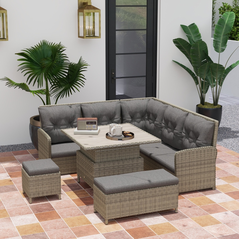Best 6 Pieces Outdoor PE Rattan Garden Furniture, Patio Wicker Sectional Conversation Corner Sofa w/ Soft Padded Cushion & Liftable Coffee Table, Light Grey - Image 10