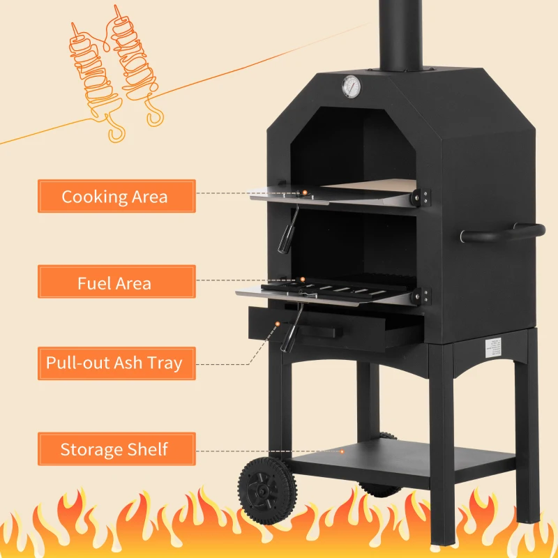 Best Outdoor Garden Pizza Oven Charcoal BBQ Grill 3-Tier Freestanding w/ Chimney, Mesh Shelf, Thermometer Handles, Wheels Garden Party Gathering Stainless Steel Cooker - Image 7