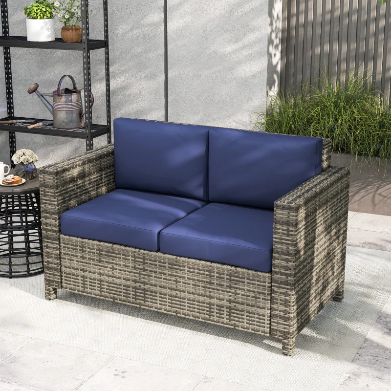 Best Rattan Sofa, 2 Seater Garden Furniture with Soft Padded Cushion and Armrests, Wicker Garden Loveseat for Patio, Navy Blue - Image 8