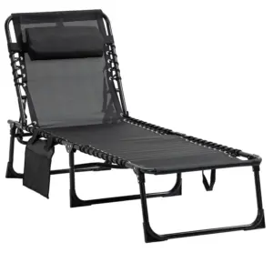 Best Portable Sun Lounger, Folding Camping Bed Cot, Reclining Lounge Chair 5-position Adjustable Backrest with Side Pocket, Pillow for Patio Garden Beach Pool, Black