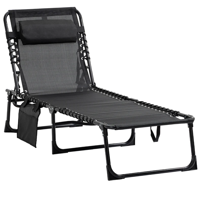 Best Portable Sun Lounger, Folding Camping Bed Cot, Reclining Lounge Chair 5-position Adjustable Backrest with Side Pocket, Pillow for Patio Garden Beach Pool, Black