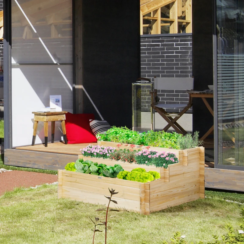 Best 117cm x 100cm x 54cm 3 Tier Raised Garden Bed 376L Fir Wood Elevated Planter Flower Box with 9 Grow Grids and Non-woven Fabric for Vegetables, Flower, Herb Outdoor Indoor Use - Image 2