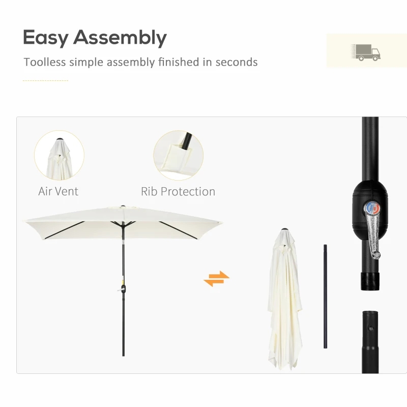 Best 3x2m Patio Parasol Garden Umbrellas Canopy with Aluminum Tilt Crank Rectangular Sun Shade Steel, Cream White - Image 6