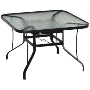 Best Square Outdoor Garden Dining Table with Parasol Hole, Tempered Glass Top, Steel Frame for Garden, Lawn, Patio, Black