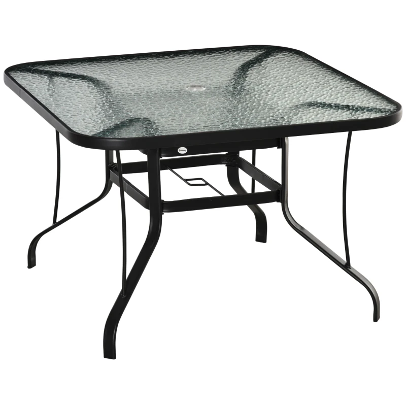 Best Square Outdoor Garden Dining Table with Parasol Hole, Tempered Glass Top, Steel Frame for Garden, Lawn, Patio, Black