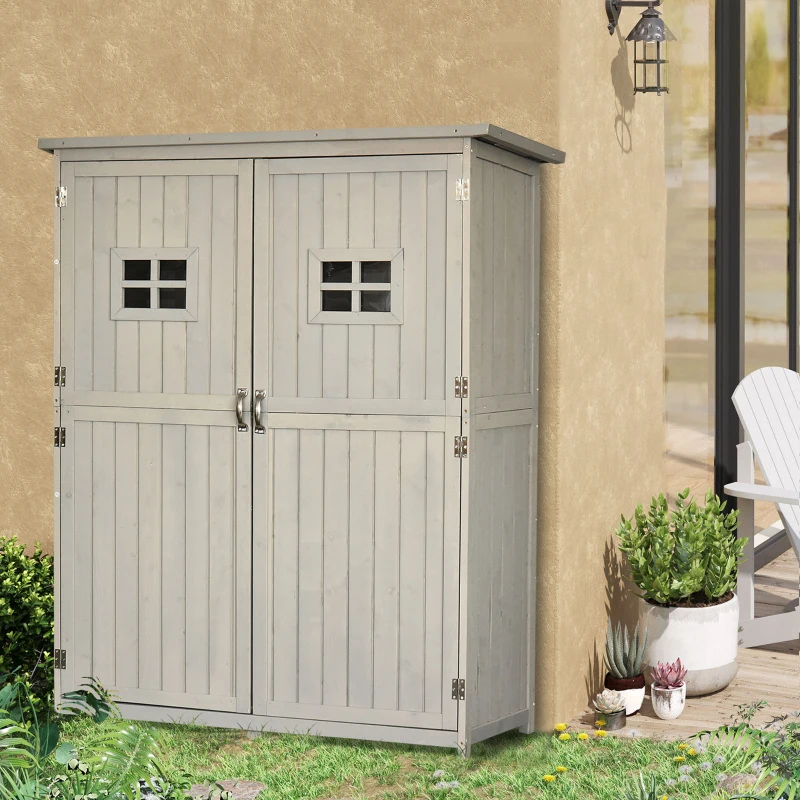 Best Wooden Garden Shed with Two Windows, Tool Storage Cabinet, Outdoor Double Door Organizer 127.5L x 50W x 164H cm, Grey - Image 2