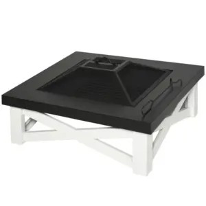 Best Outdoor 3 in 1 Square Fire Pit Brazier with BBQ Grill, Metal Large Firepit with Lid, Log Grate, Poker for Backyard, Camping, Bonfire, Wood Burning Stove, 86 x 86 x 38cm, Black