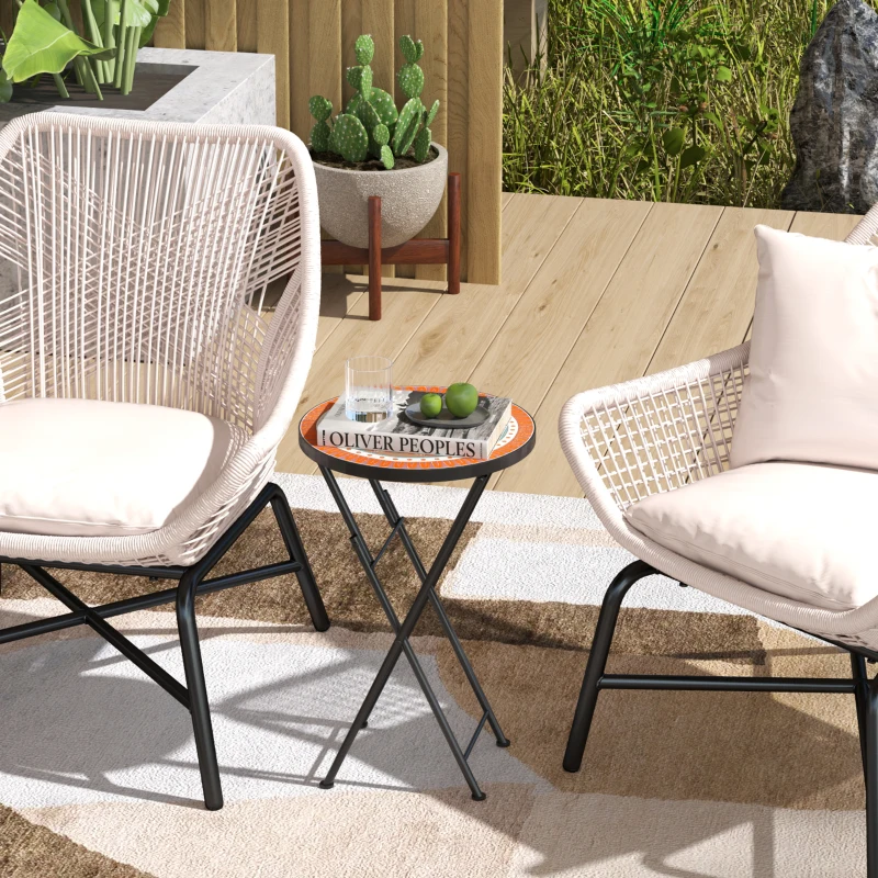 Best Mosaic Outdoor Garden Table, 35.5cm Round Folding Coffee Table with Metal Frame for Balcony Terrace, Orange - Image 2