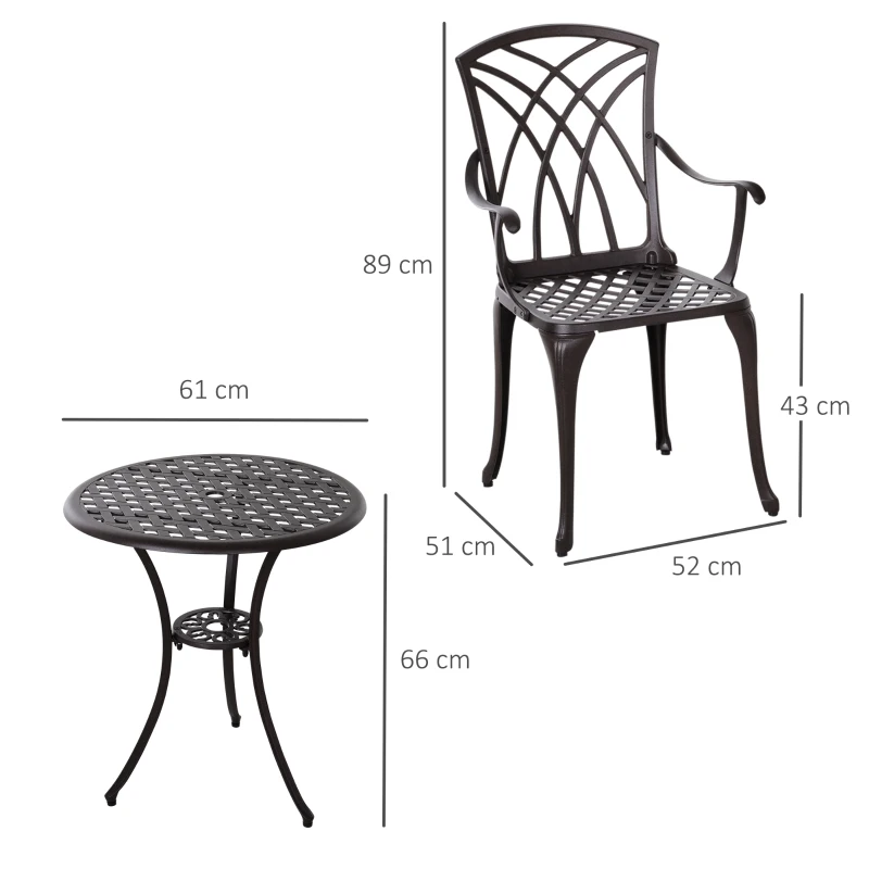 Best 3 Pieces Garden Dining Set for 2, Cast Aluminium Outdoor Dining Set with 2 Armchairs and Round Dining Table with Parasol Hole, Garden Furniture Set, Brown - Image 3