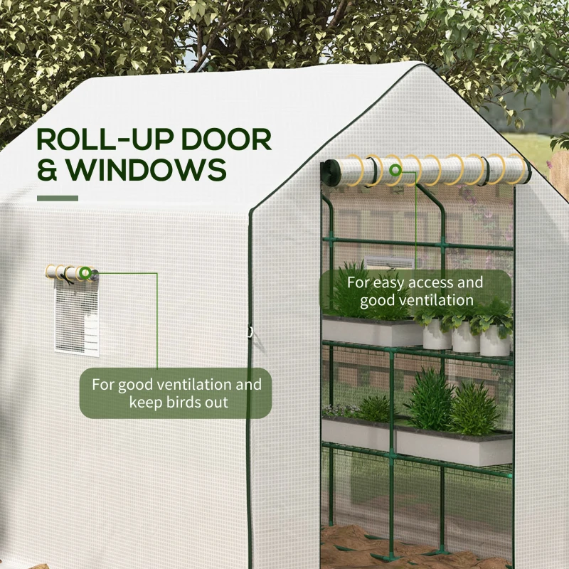 Best Walk-in Greenhouse with 3 Tier 12 Shelves, Small Greenhouse with Reinforced PE Cover, Garden Plant Growhouse with Roll-up Door and Three Mesh Windows, 140 x 213 x 190 cm, White - Image 6