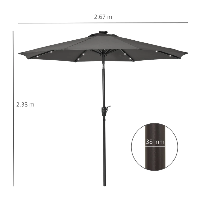 Best Φ2.7m Garden 24 LED Light Parasol Solar Outdoor Tilt Sun Umbrella Patio Club Party Event Manual Sun Shade w/ Hand Crank and 8 Ribs, Grey - Image 3