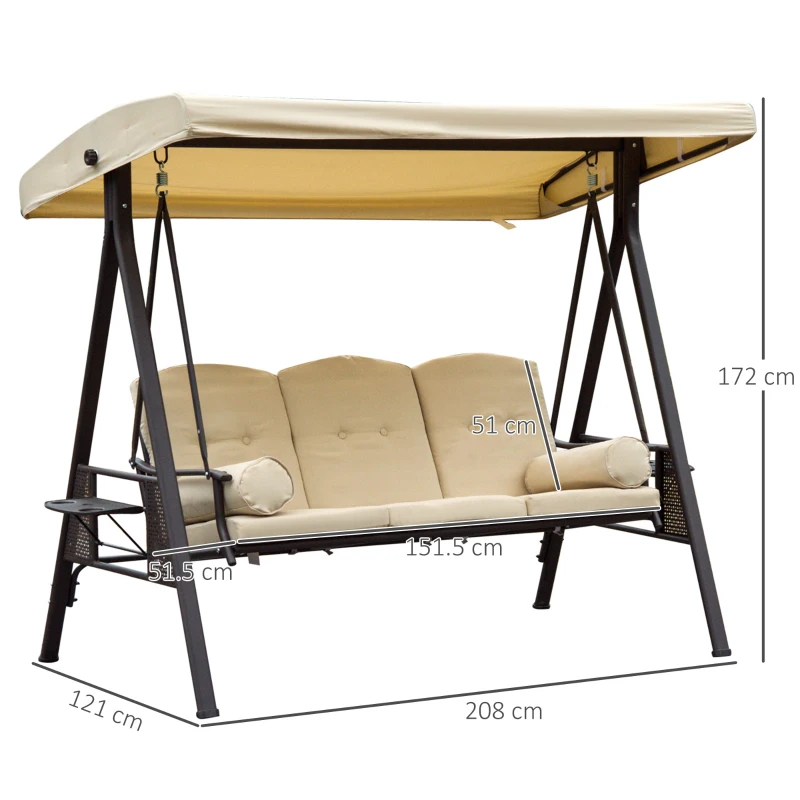 Best Swing Chair Hammock Chair 3 Seater Canopy Cushion Shelter Outdoor Bench Steel Beige - Image 3