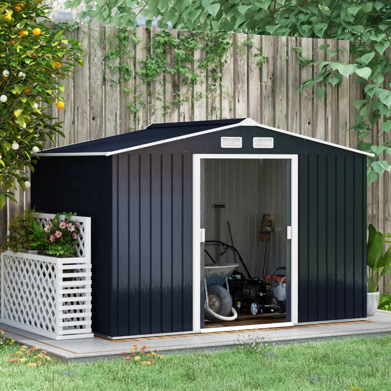 Best 9 x 6ft Metal Garden Shed, Outdoor Storage Tool House with Ventilation Slots, Foundation Kit and Lockable Double Doors, Dark Grey - Image 2