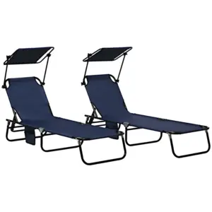 Best Set of Two Folding Sun Loungers, with Adjustable Backs and Sun Canopies - Dark Blue