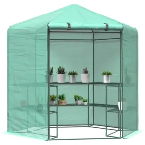 Best Hexagon Walk In Greenhouse with Shelves, Outdoor Green House Grow House with Waterproof PE Cover and Roll-up Door, 228 x 196 x 215 cm, Green