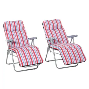 Best Set of 2 Garden Sun Lounger Outdoor Reclining Seat Cushioned Seat Foldable Adjustable Recliner Red and White