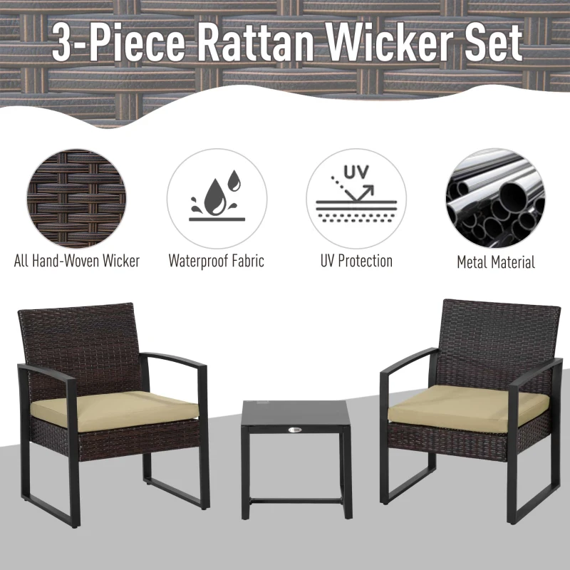 Best 3 pcs PE Rattan Wicker Garden Furniture Patio Bistro Set Weave Conservatory Sofa Coffee Table and Chairs Set Beige - Image 4
