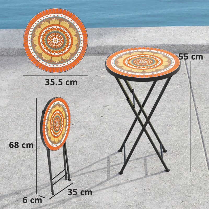 Best Mosaic Outdoor Garden Table, 35.5cm Round Folding Coffee Table with Metal Frame for Balcony Terrace, Orange - Image 3