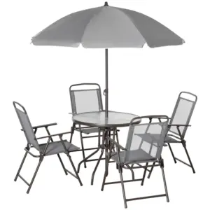 Best 6 Piece Garden Dining Set with Umbrella, Outdoor Dining Sets with Parasol, 4 Folding Dining Chairs & Round Tempered Glass Table, Grey