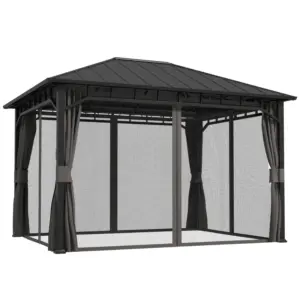 Best 3 x 4m Hardtop Gazebo with Galvanised Steel Roof and Water Gutter, Waterproof Permanent Pavilion Garden Gazebo with Netting and Curtains for Patio, Deck
