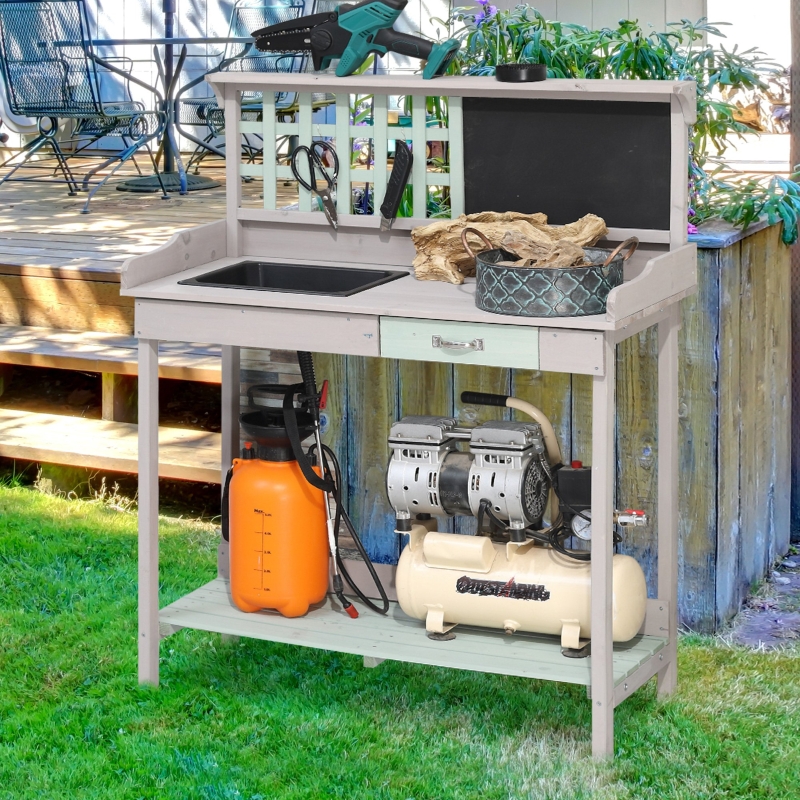 Best Garden Potting Table with Sink, Blackboard and Drawer, Wooden Planting Work Bench Workstation Outdoor Tool Storage Shelves - Image 10