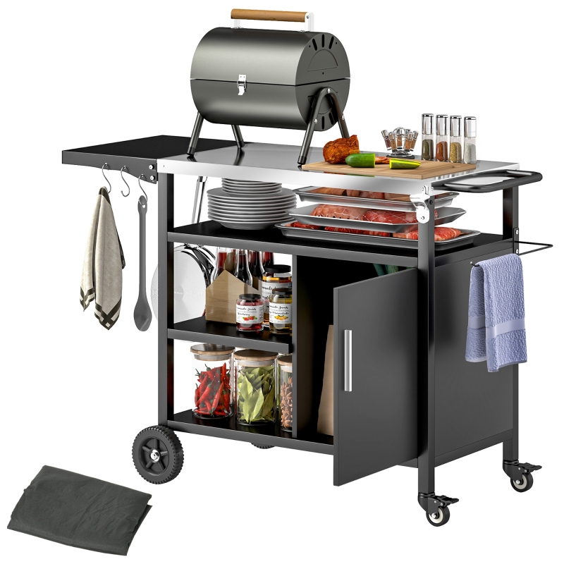 Best Outdoor BBQ Trolley with Foldable Side Table, Stainless Steel Top, Outdoor Kitchen with Wheels Hooks Shelves Cabinet, Pizza Oven Table Movable Outdoor Grill Dining Cart with Cover, Black - Image 10