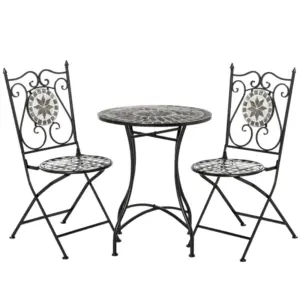Best 3 Pcs Mosaic Tile Garden Bistro Set Outdoor Seating w/ Table 2 Folding Chairs Set Metal Frame Elegant Scrolling Indoor Patio Balcony