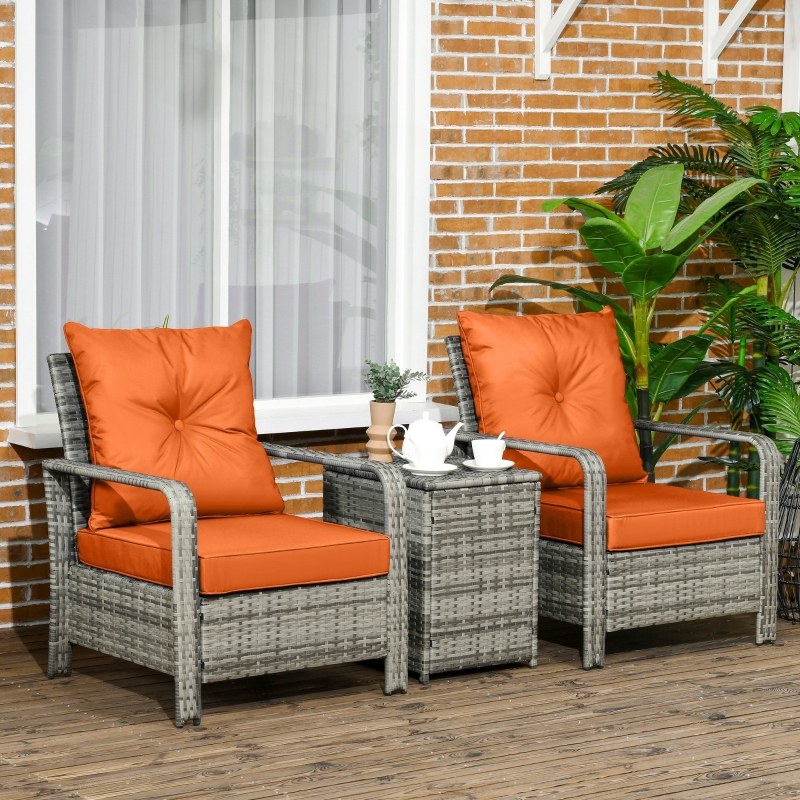 Best 3 Pieces Rattan Bistro Set, Wicker Garden Furniture Set with Storage Coffee Table and Chairs, Thickened Cushions for Outdoor, Patio, Balcony, Orange - Image 10